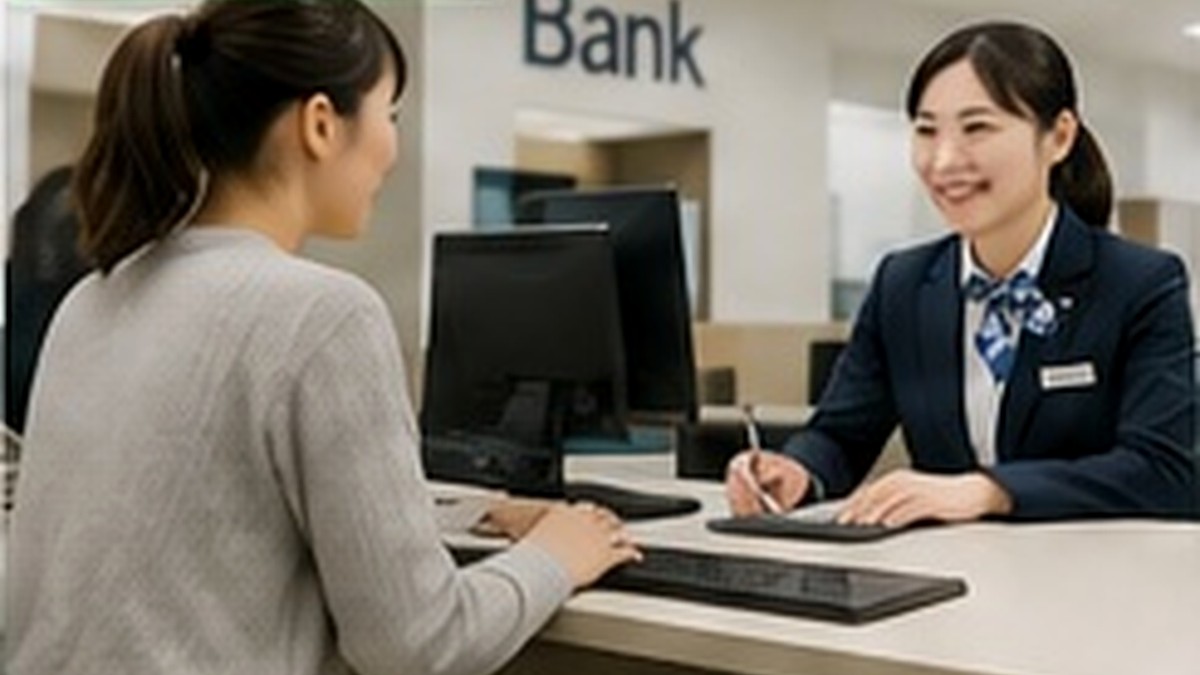 Resident speaking with a bank employee about opening a bank account in Japan