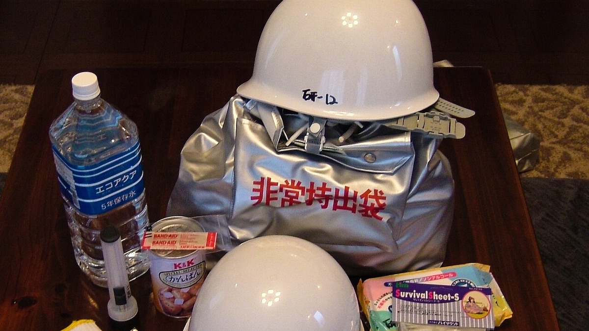 Household emergency kit prepared in a Japanese apartment