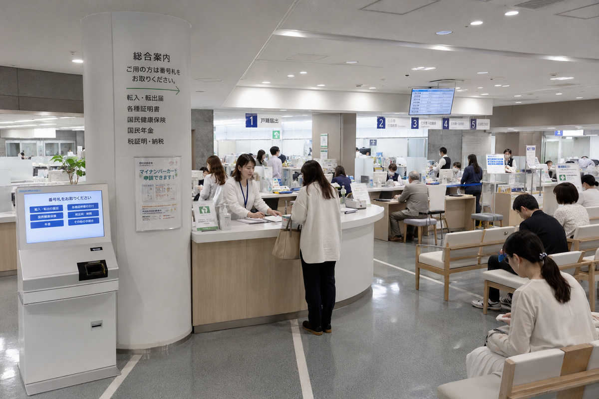 Illustration of a Japanese municipal office service counter and queue system