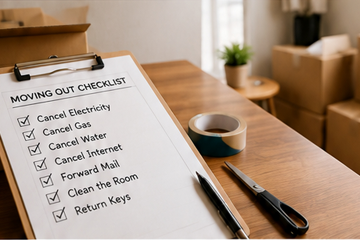 Moving boxes and utility cancellation checklist in an apartment before move-out