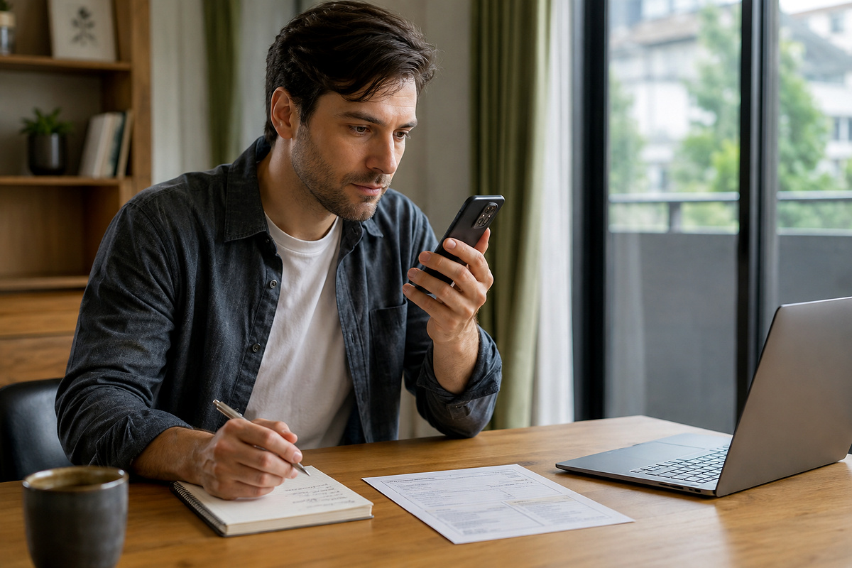 Resident checking pension information online with a smartphone and laptop