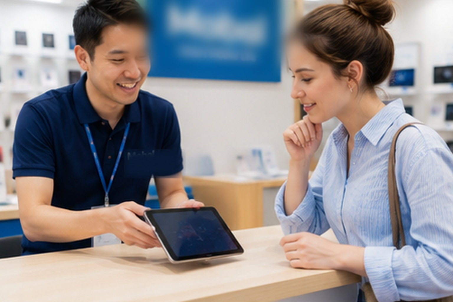 Foreign resident discussing a mobile phone plan with staff at a shop in Japan