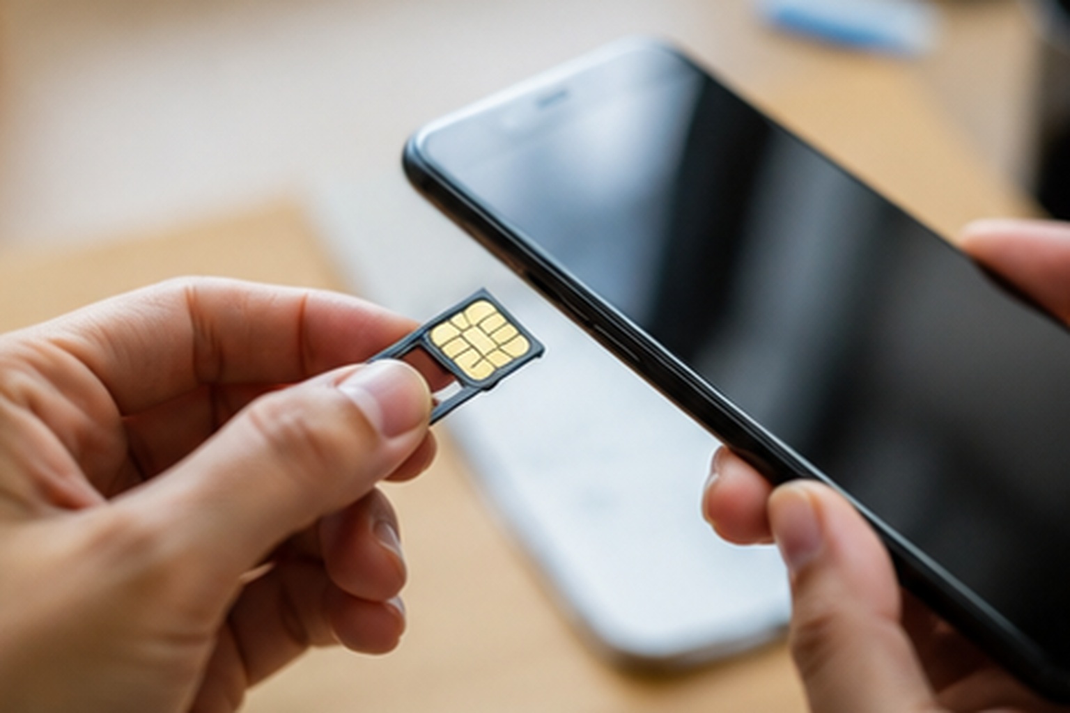 Hands preparing a nano SIM for an unlocked smartphone in Japan
