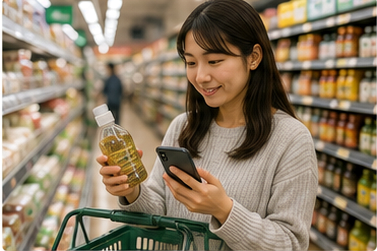 Shopper checking Japanese product information with a smartphone in a supermarket