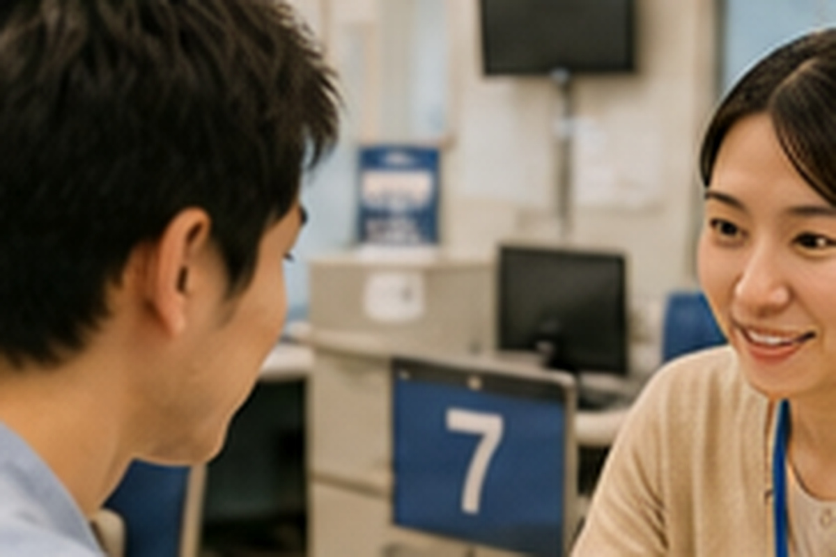 Resident speaking with staff at a public service counter in Japan