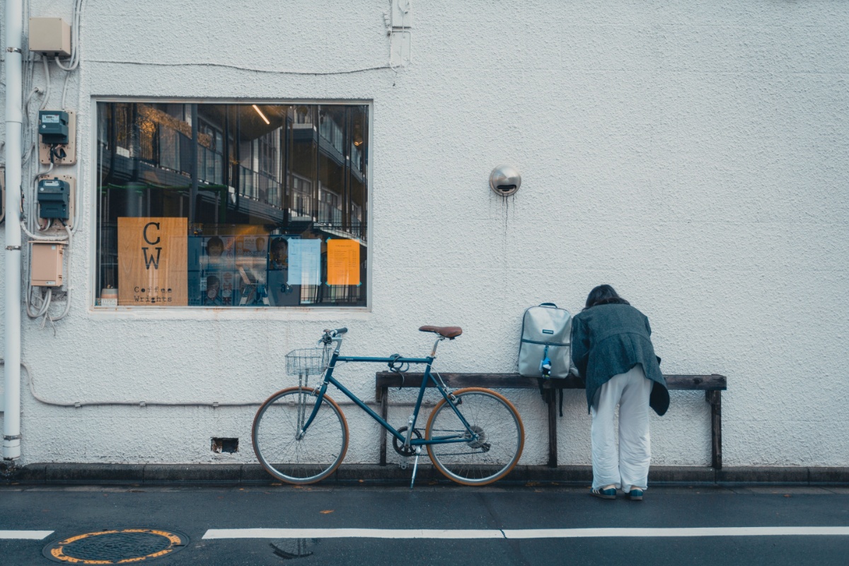Bicycle parked outside a Japanese shop in Tokyo