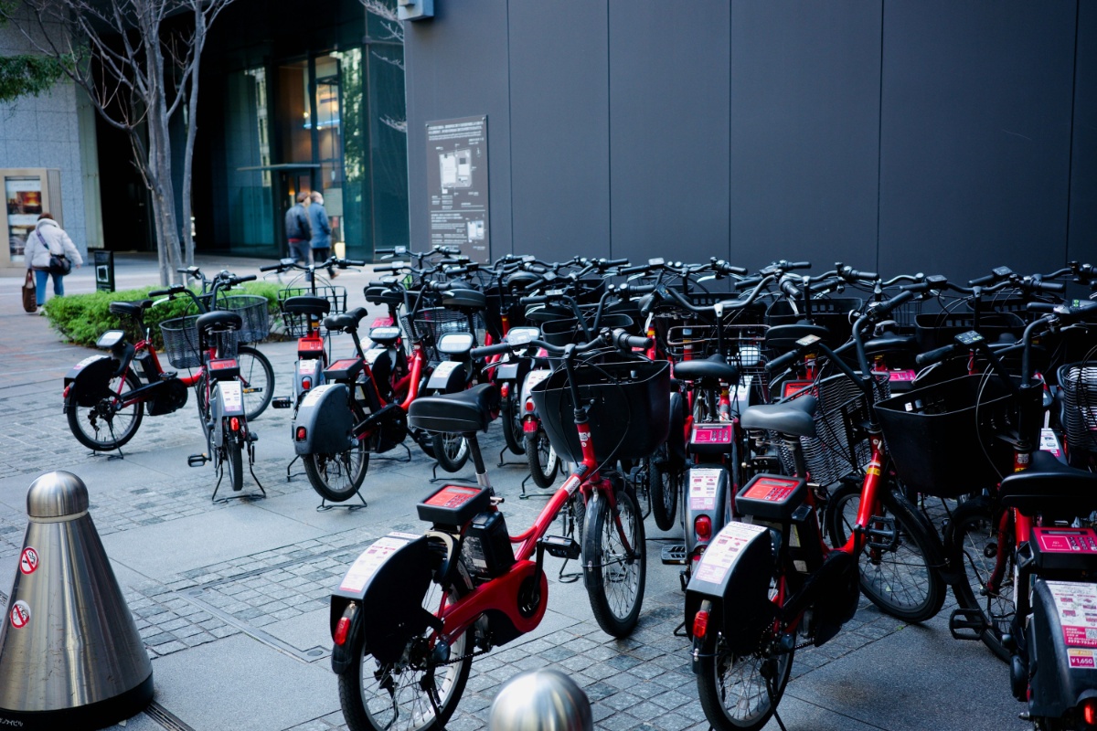 Rows of bicycles parked together in Tokyo