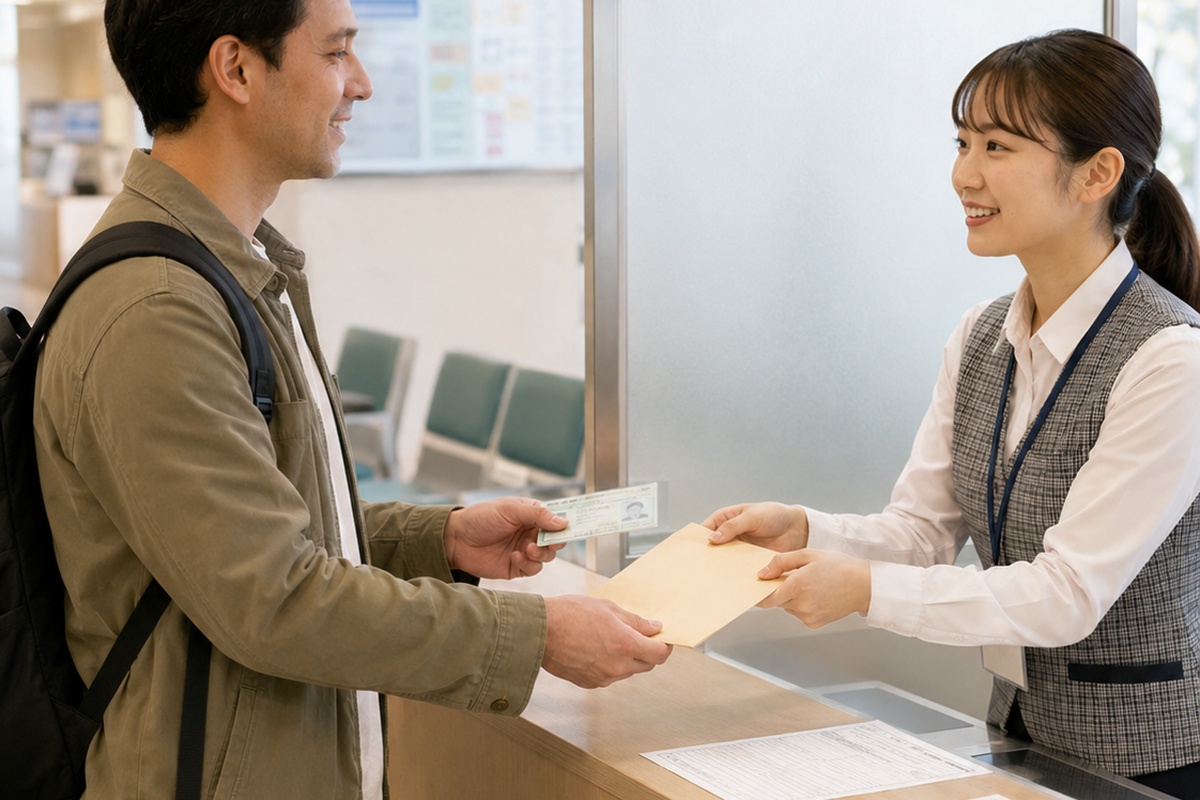 Foreign resident submitting documents at a Japanese public-service counter