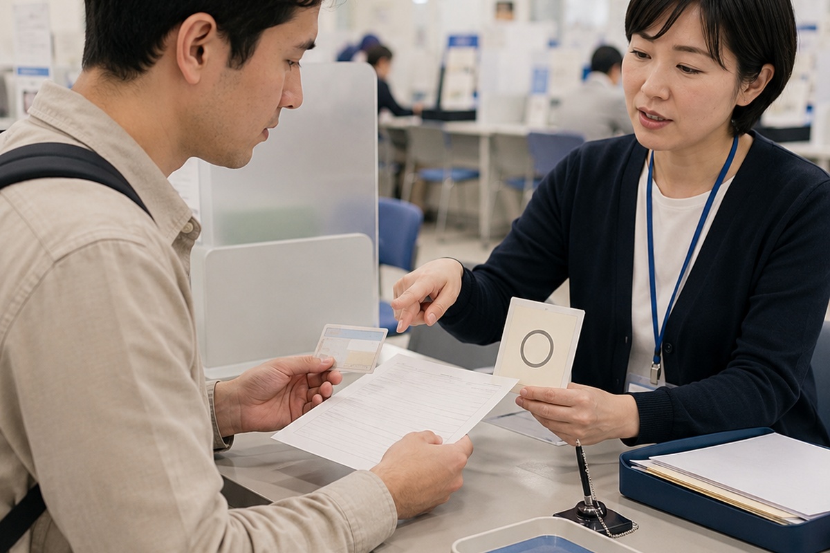 Applicant reviewing application documents with a public-service clerk in Japan