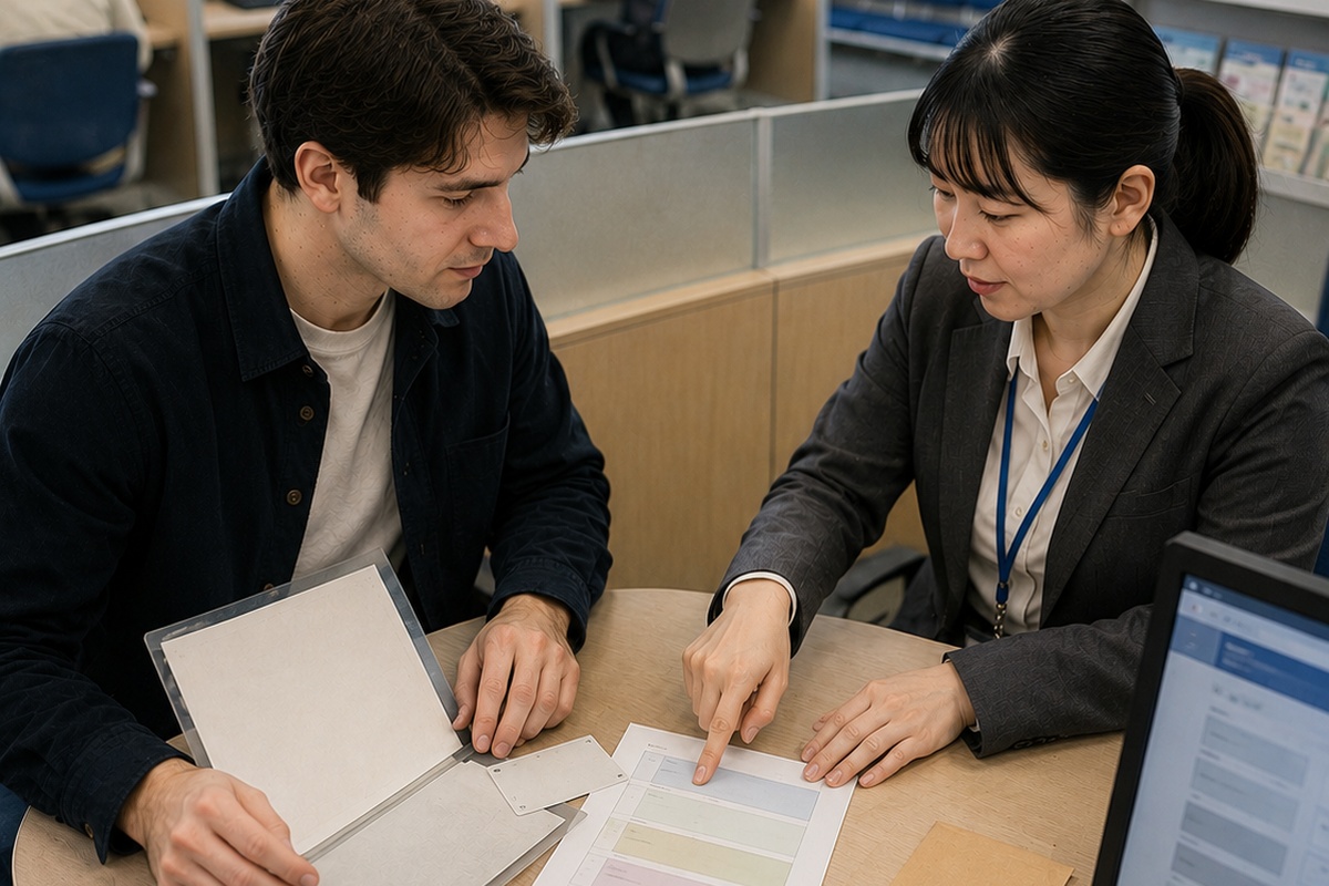 Foreign resident discussing application documents during a consultation in Japan