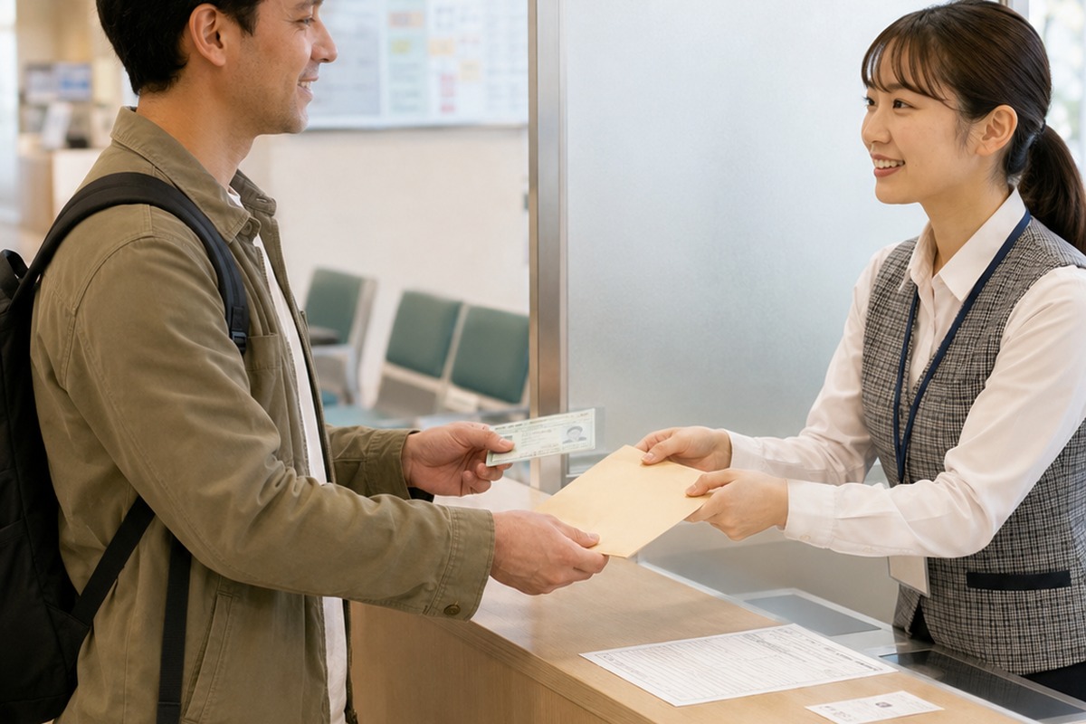 Foreign resident submitting a mail forwarding request at a post office in Japan