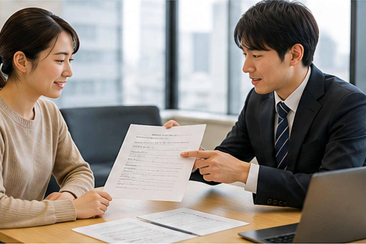 Prospective tenant discussing a Japanese lease contract with a housing representative
