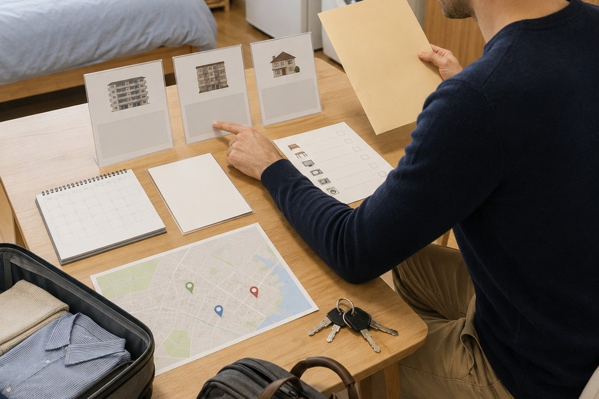 Resident comparing rental property conditions dates documents and keys before signing in Japan