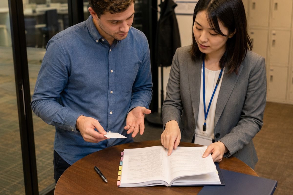 Employee and HR representative reviewing paid leave paperwork in Japan