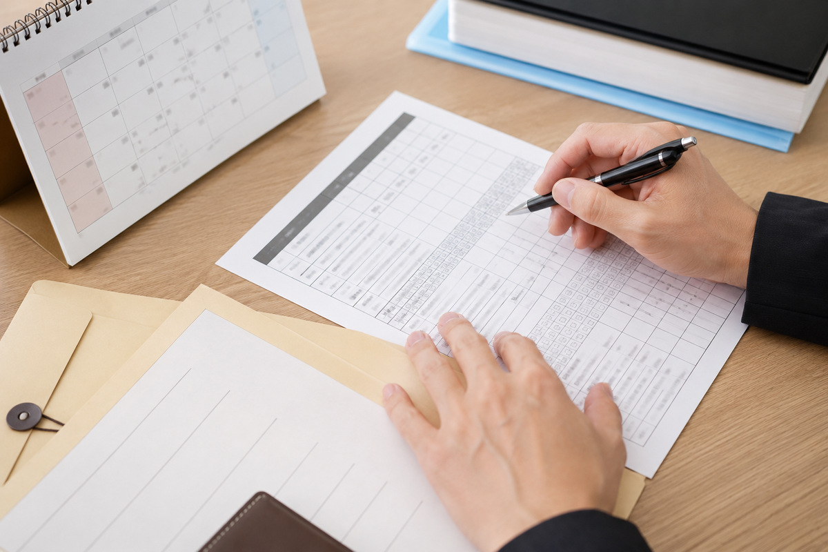 Employee checking a leave ledger and work calendar in Japan