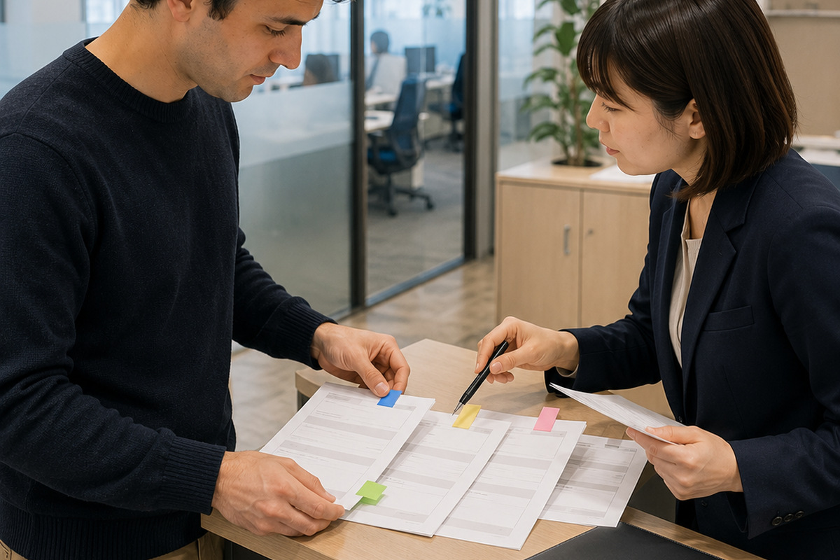 Employee discussing a paid leave date with HR staff in a Japanese office