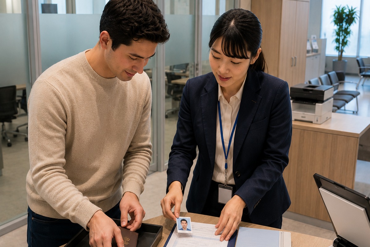 Foreign resident reviewing Dependent visa application documents at an administrative counter in Japan