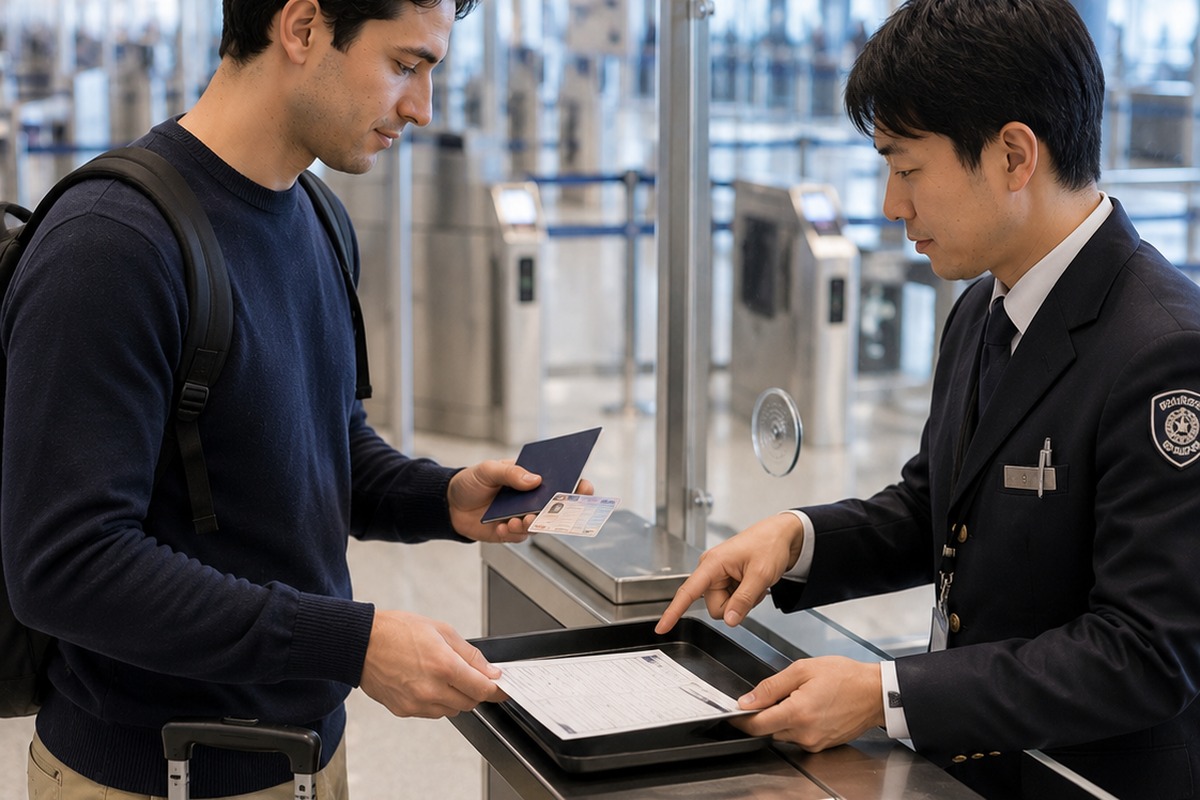 Traveler presenting passport and immigration documents when entering Japan