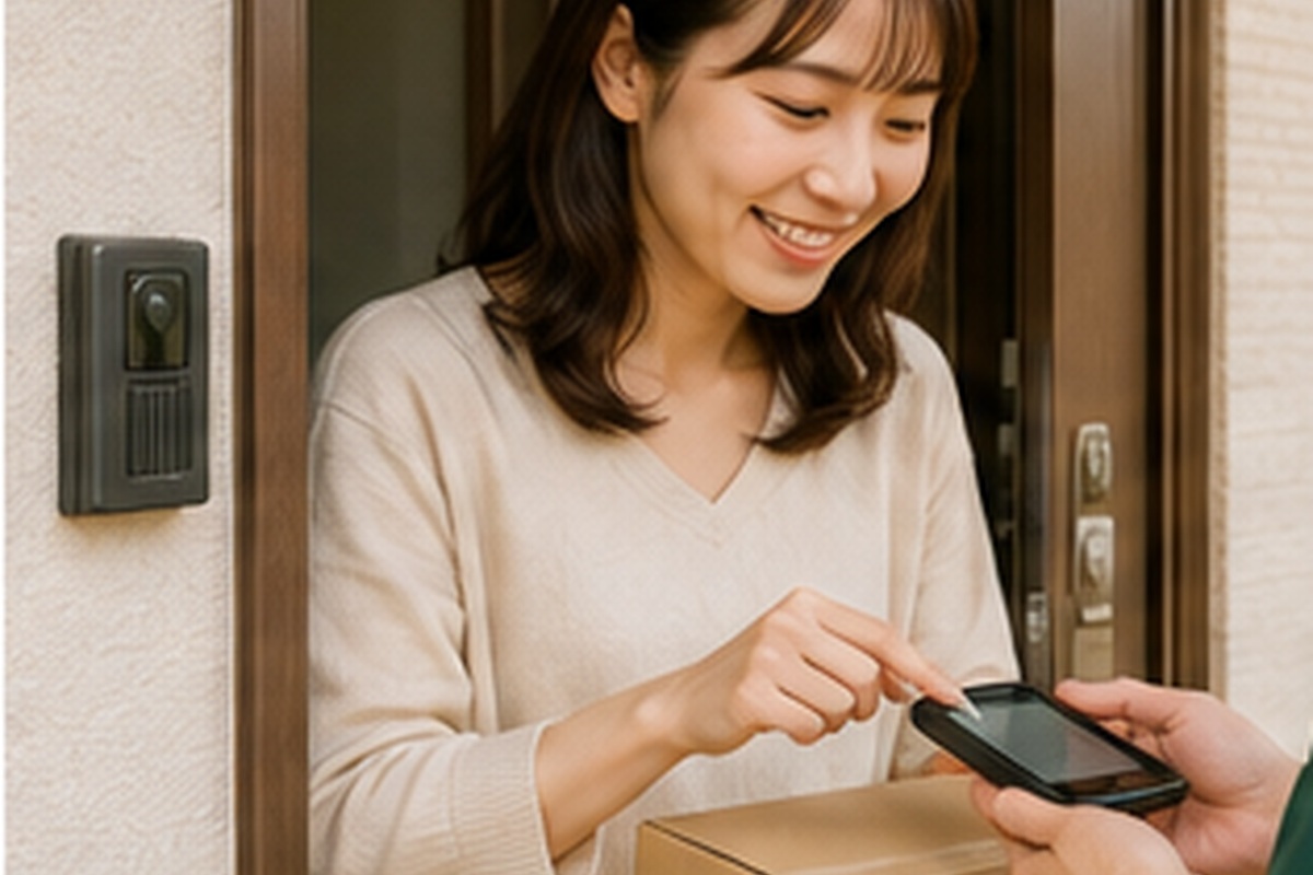 Resident confirming package delivery with a courier at the door