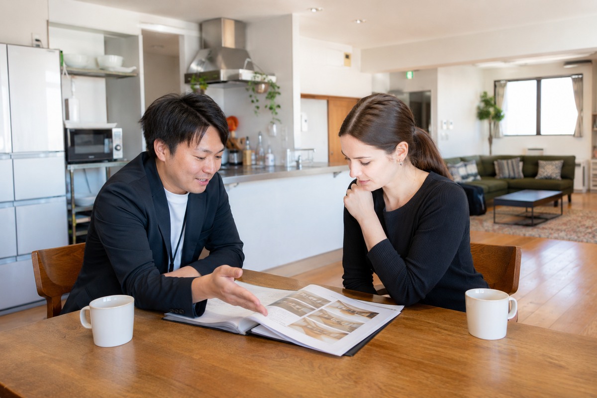 Prospective resident touring a shared kitchen and living area with a housing representative