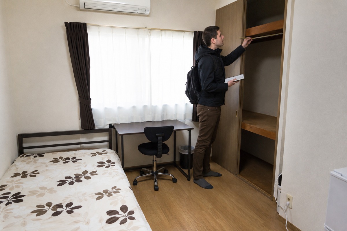 Prospective tenant checking the room and closet during a share house viewing