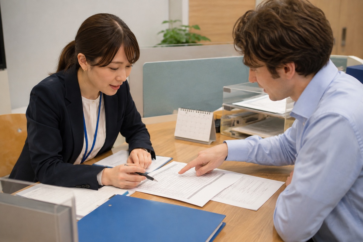 Employee discussing resignation paperwork with a manager in a Japanese office