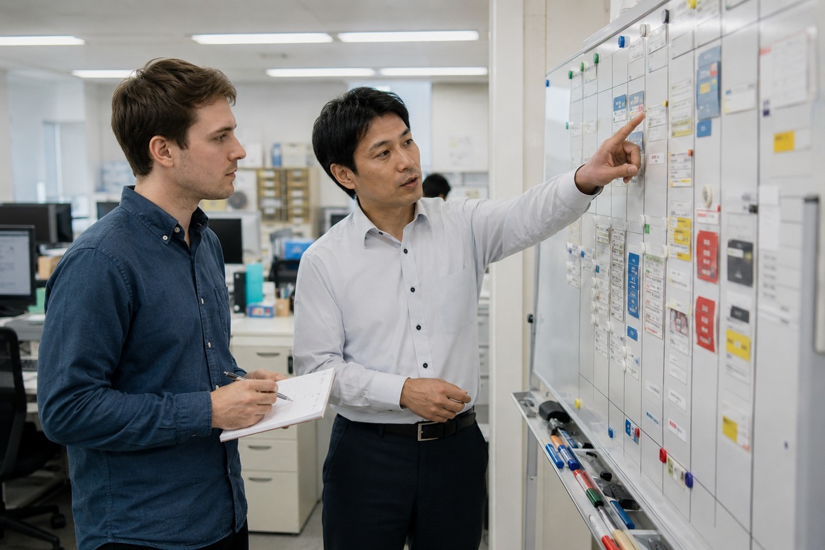 Colleagues reviewing a project board during a work handover