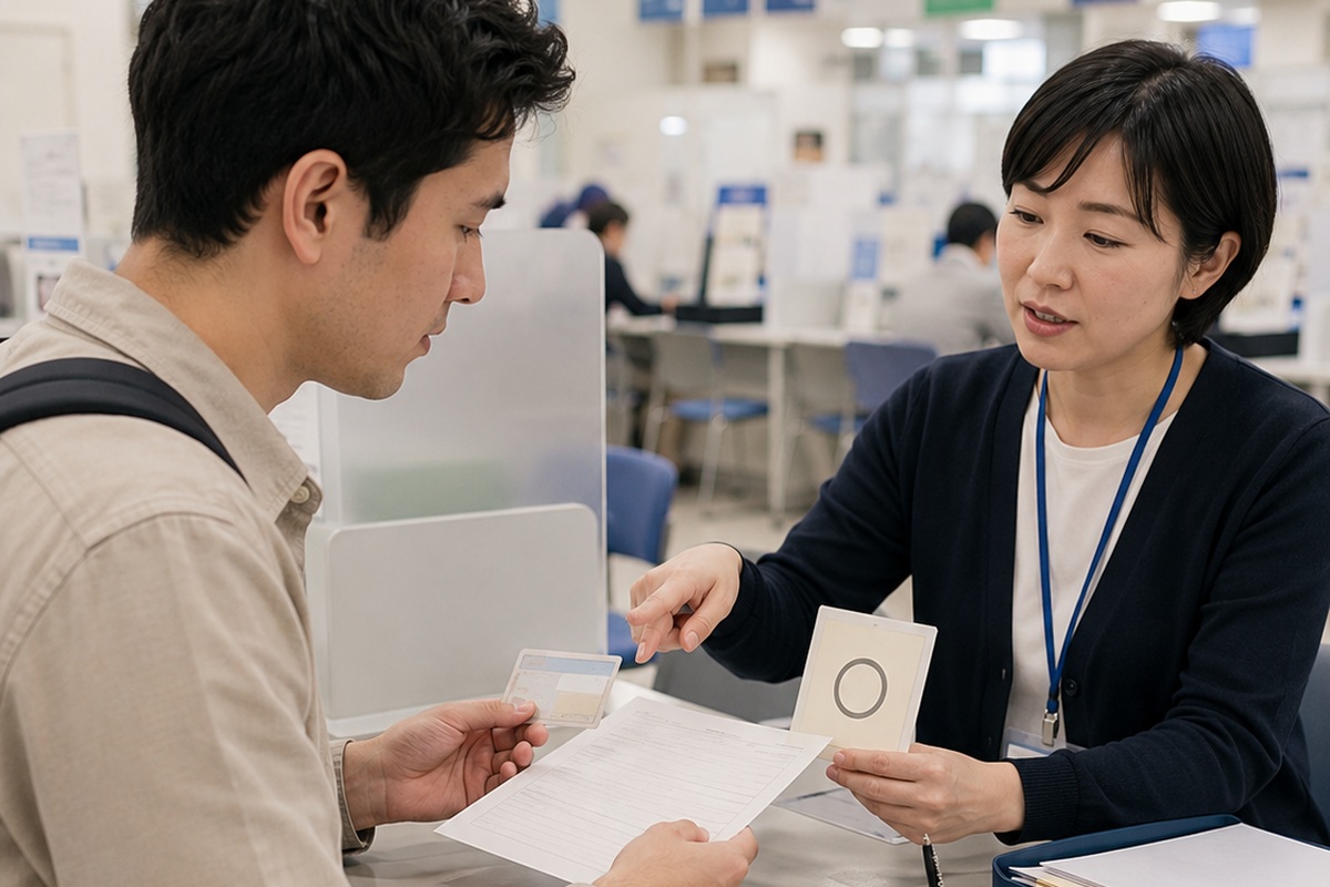 Former employee reviewing post-resignation documents at a public service counter in Japan