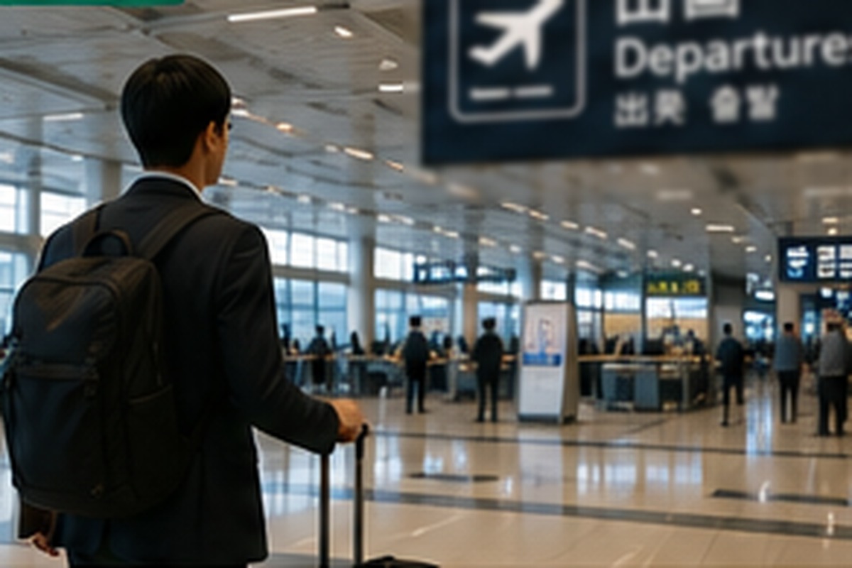 Resident walking through an international airport departure area in Japan
