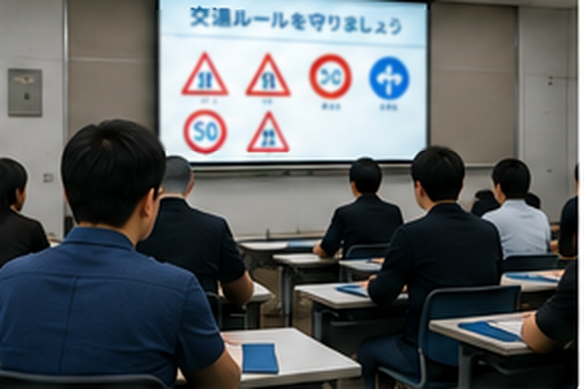 Learners studying road rules at a Japanese driving school