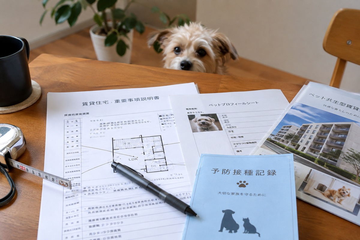 Rental paperwork and pet documents for a pet-friendly apartment application