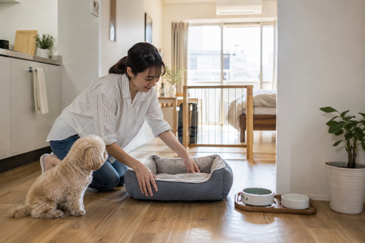 Resident setting up a pet area inside a Japanese apartment