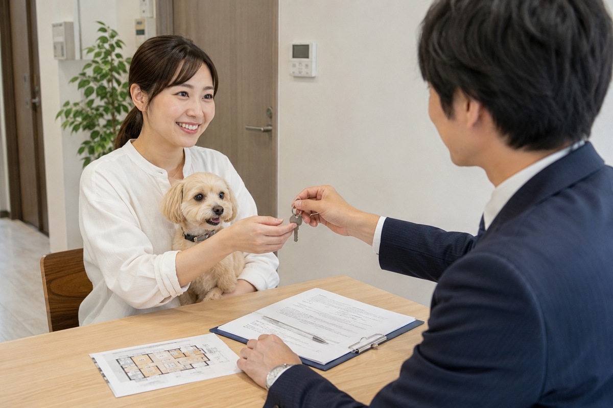 Apartment key handover for a tenant with a small dog