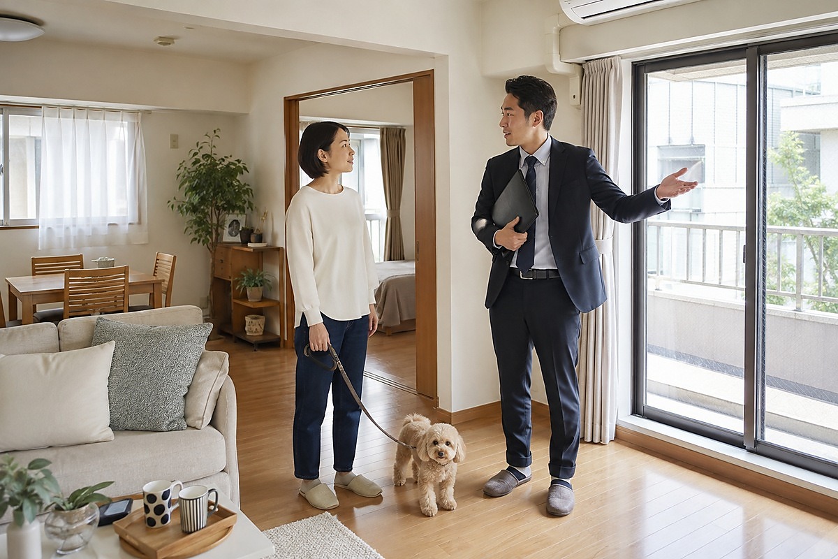 Resident checking apartment exit and balcony access with a housing professional