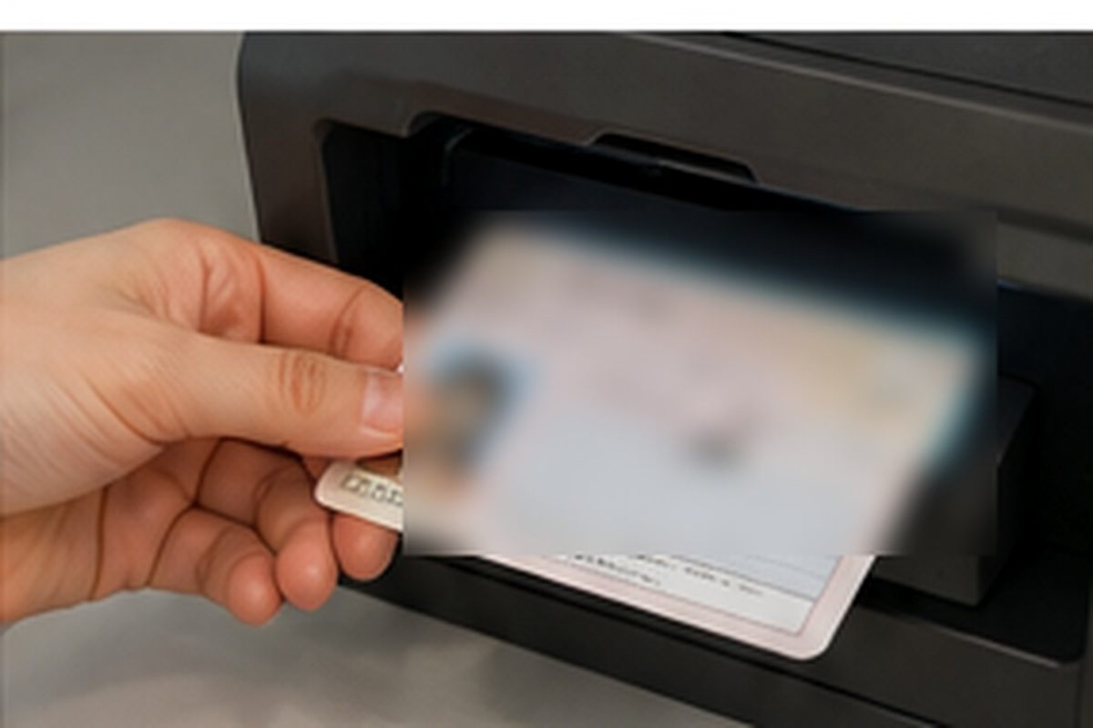 Hand using a card reader on a Japanese certificate kiosk