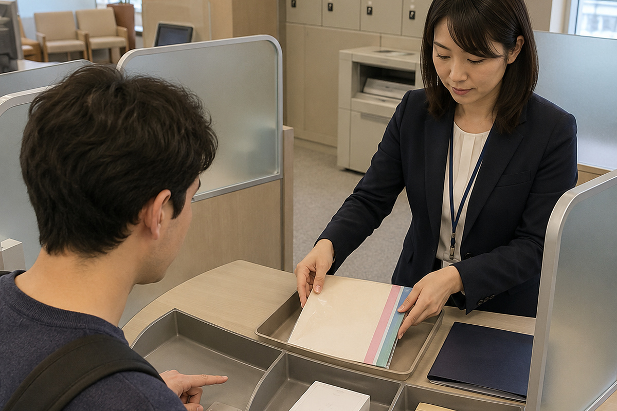 Resident discussing a credit application at a service counter in Japan