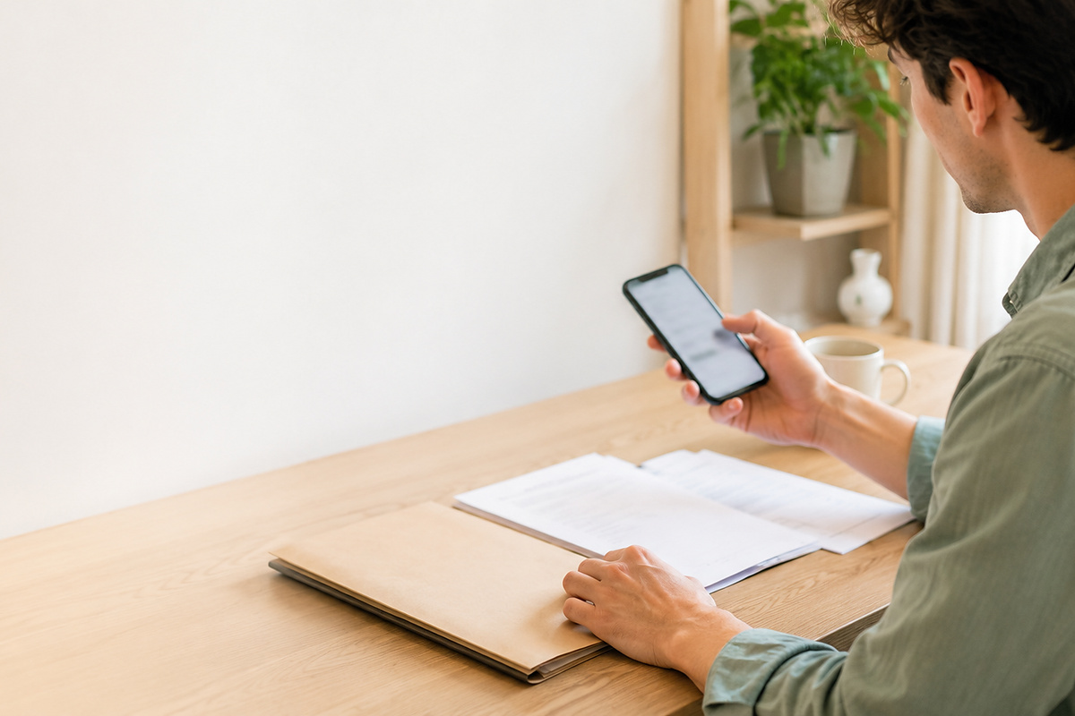 Resident checking credit information on a smartphone at home in Japan