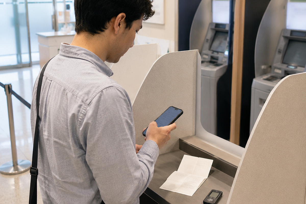 Resident reviewing banking information after a credit application in Japan