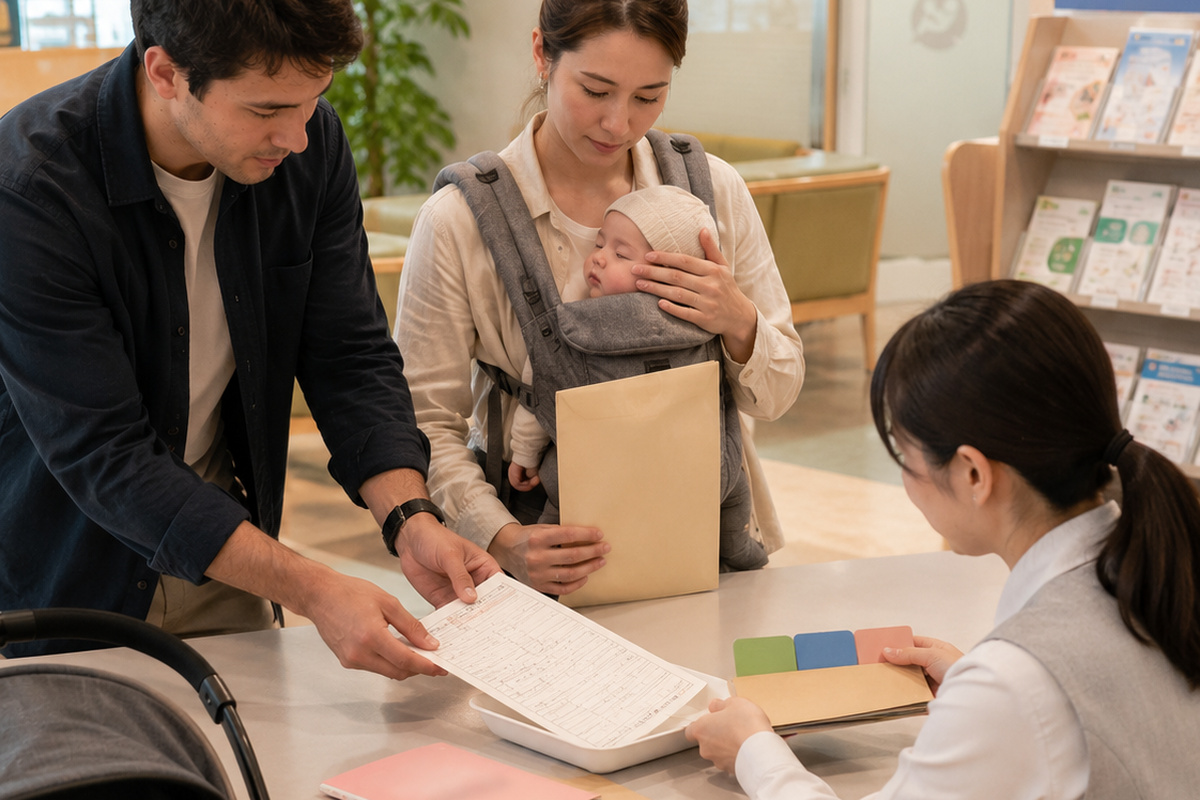 Parents with a newborn submitting paperwork at a Japanese city hall family counter