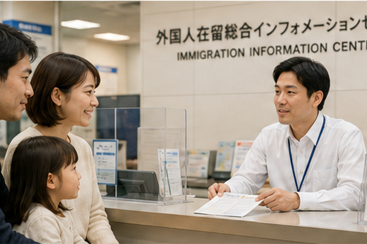 Family consulting an immigration officer at an Immigration Information Center in Japan