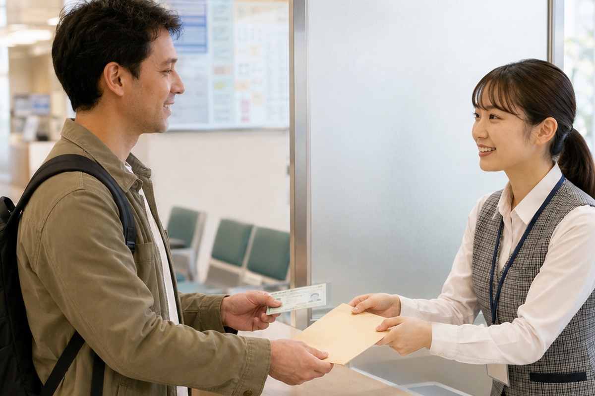Foreign resident speaking with a municipal clerk at a Japanese public office