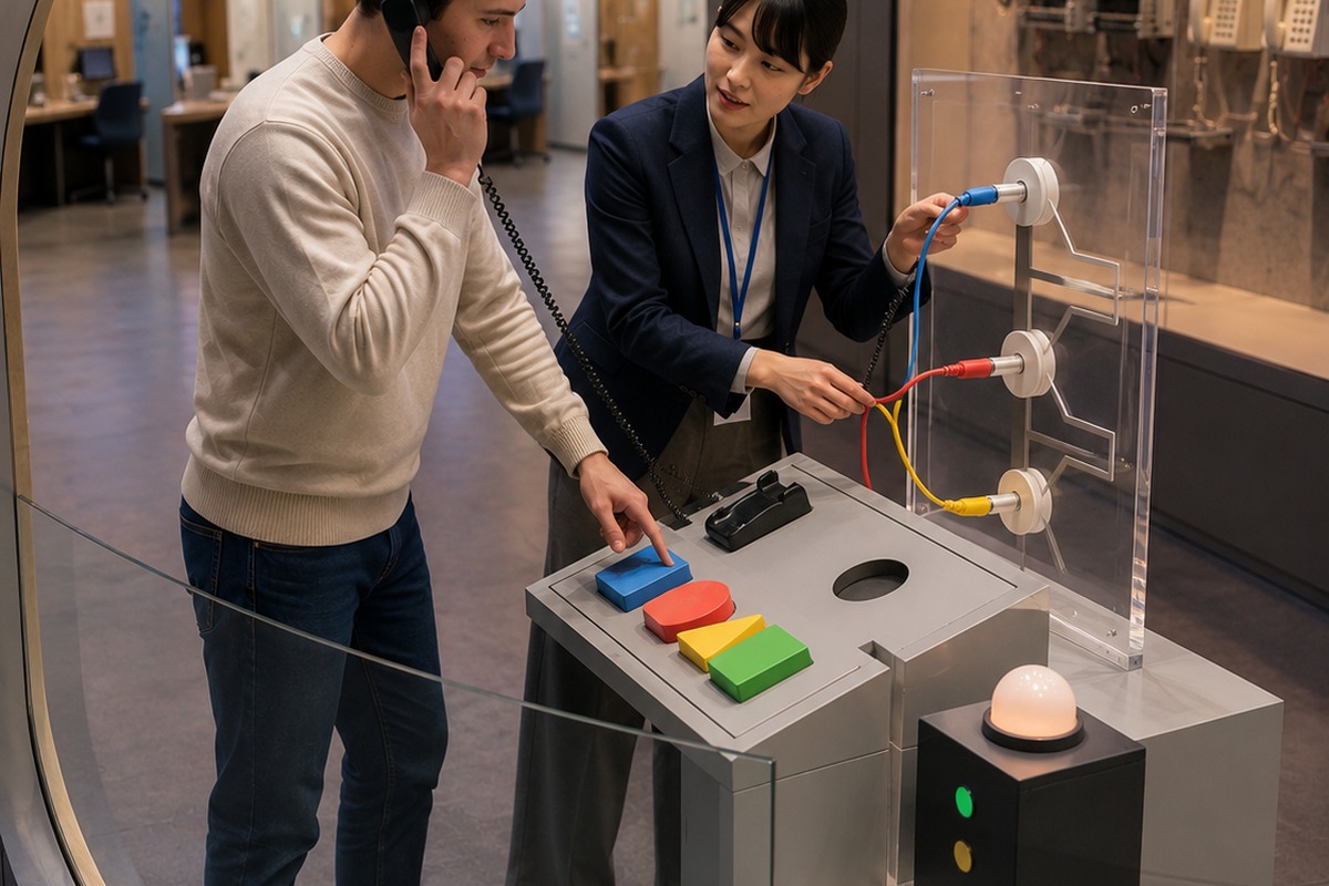 Foreign resident practicing a Japanese telephone menu with a support instructor