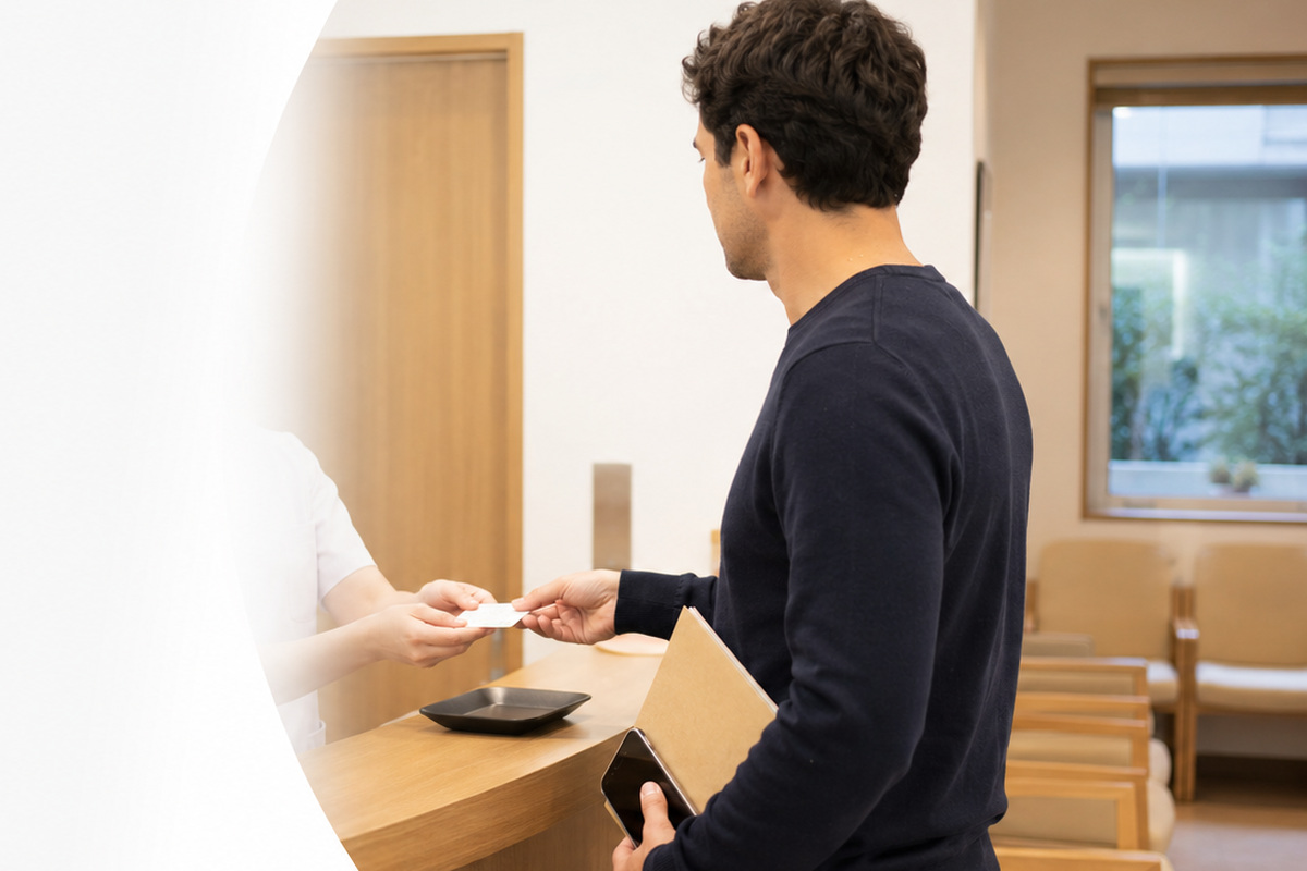 Foreign resident presenting health insurance eligibility information at a Japanese healthcare counter