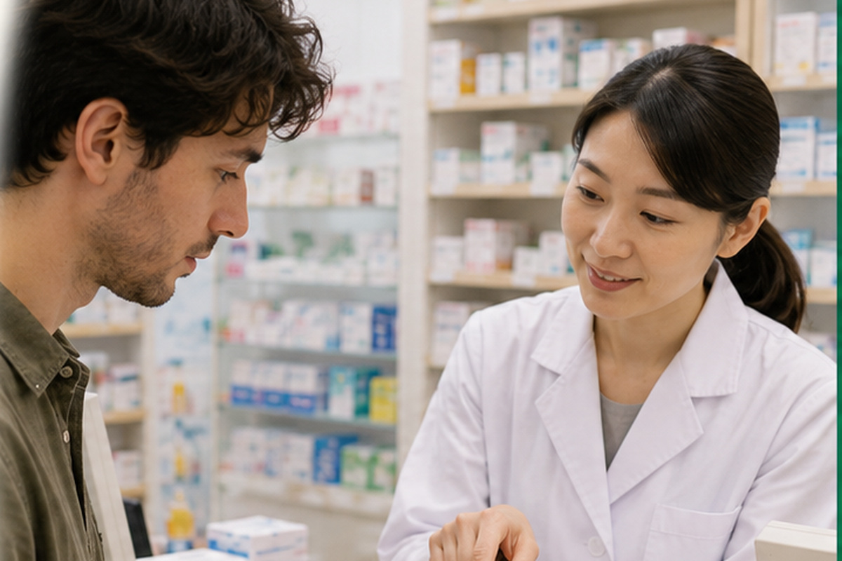 Pharmacist discussing prescription medicine options with a foreign resident in Japan