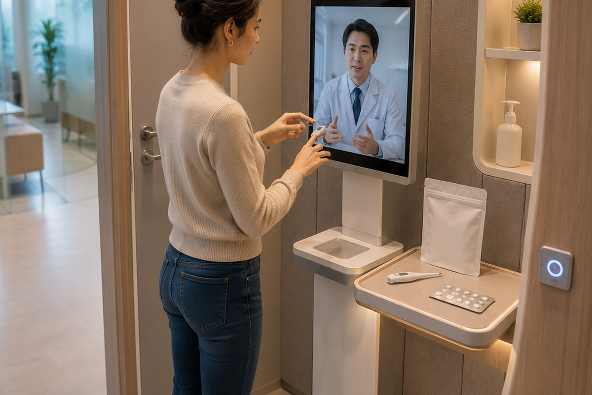 Resident using telemedicine in Japan with medicine supplies nearby