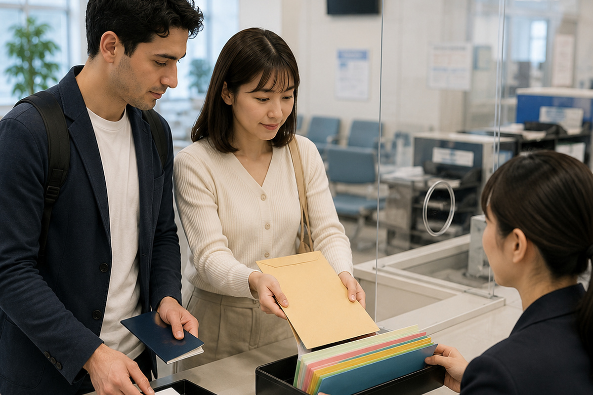 International couple submitting marriage registration documents at a Japanese public office