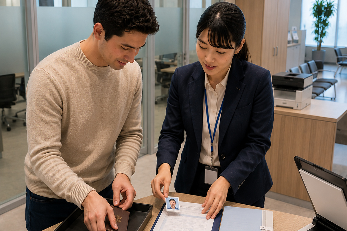 Resident and clerk checking identity and supporting documents at a Japanese administrative office