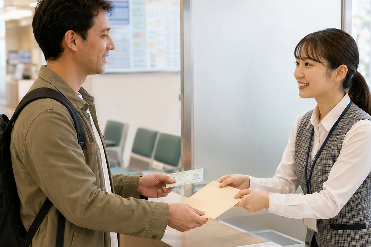 Resident receiving an official document envelope at a Japanese municipal counter