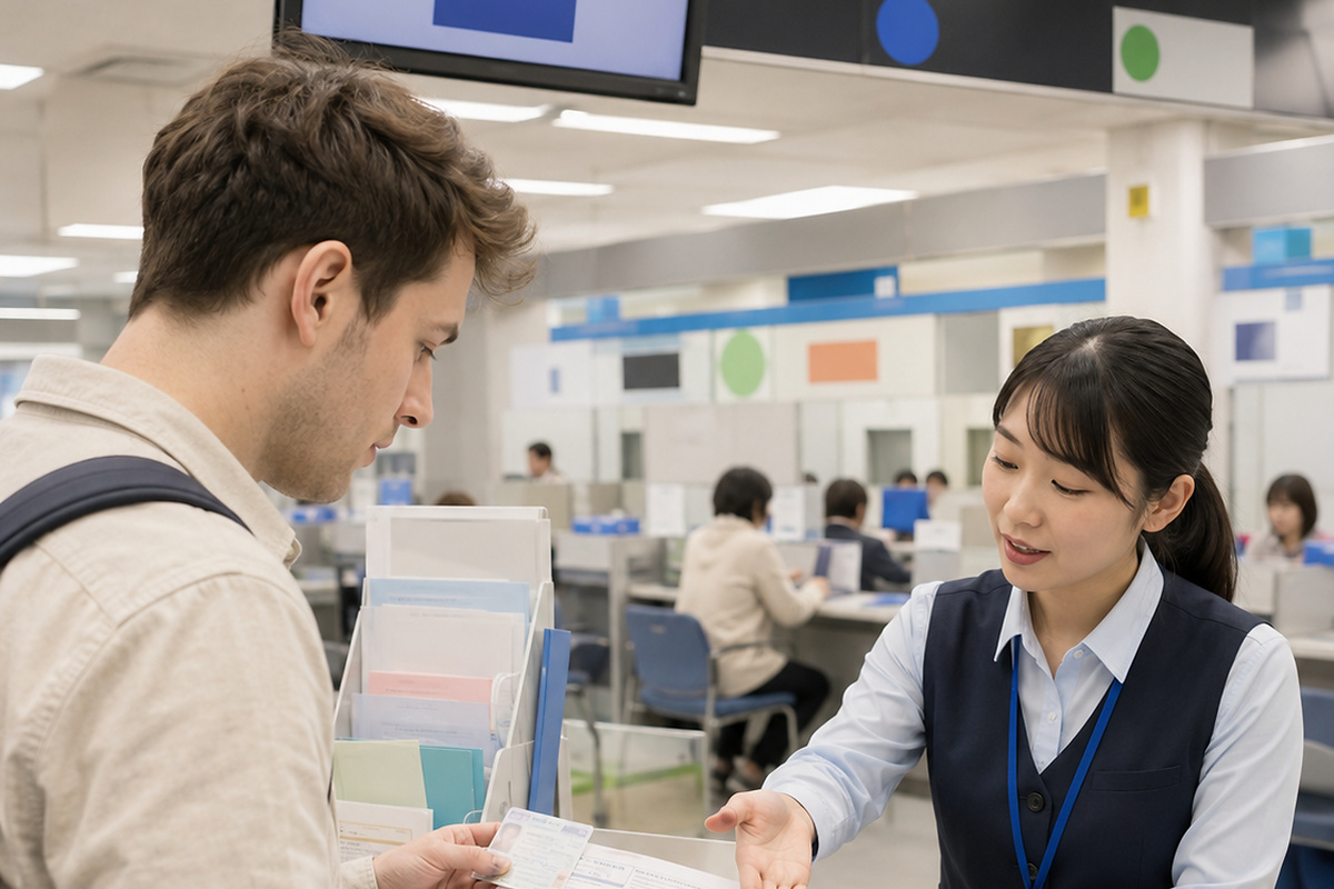 Foreign resident reviewing a Japanese application form with a municipal clerk