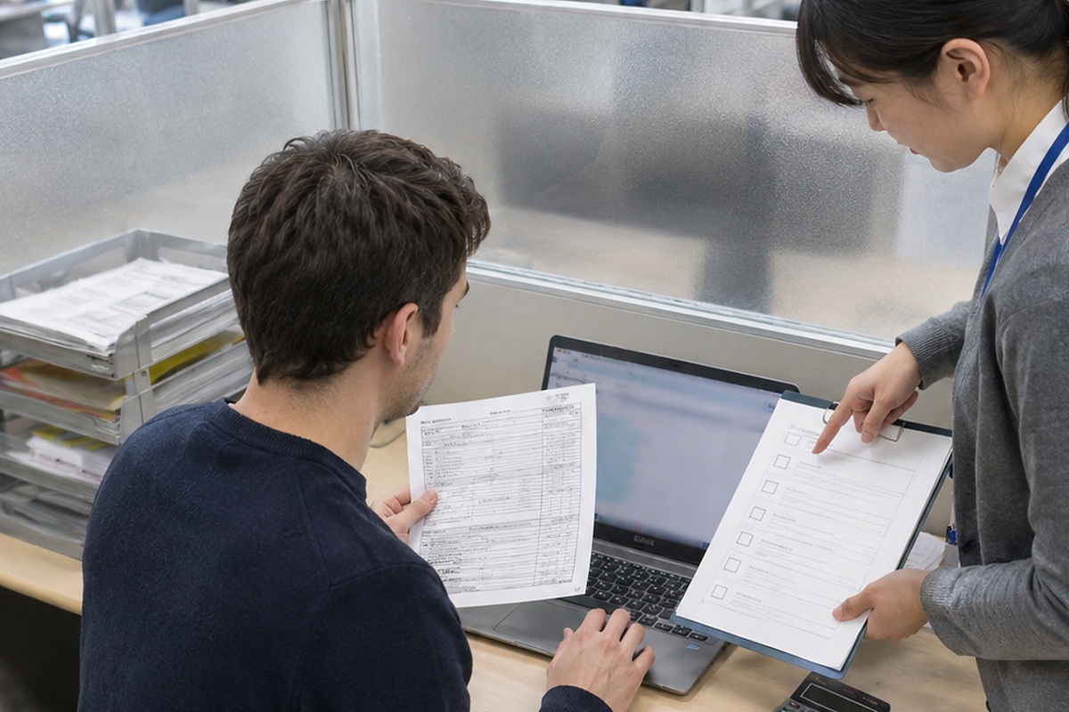 Resident comparing a paper application with a digital form while staff reviews a checklist